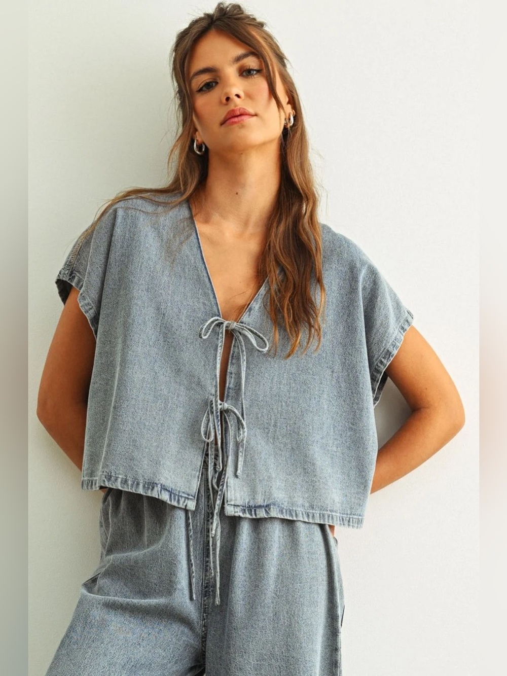 Miou Muse Denim Front Tie Top NWT Medium